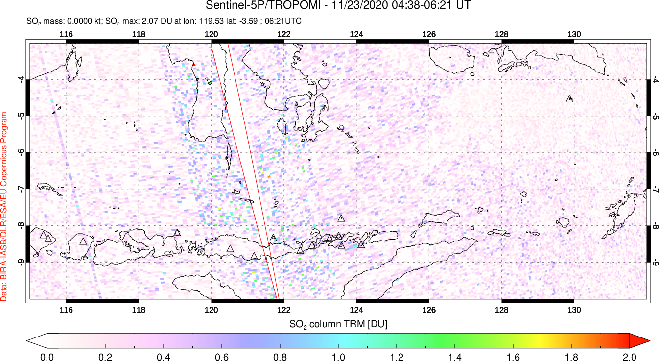 A sulfur dioxide image over Lesser Sunda Islands, Indonesia on Nov 23, 2020.