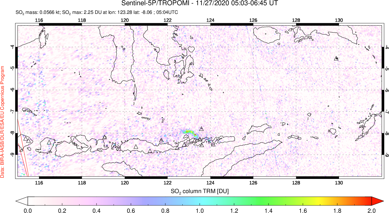 A sulfur dioxide image over Lesser Sunda Islands, Indonesia on Nov 27, 2020.