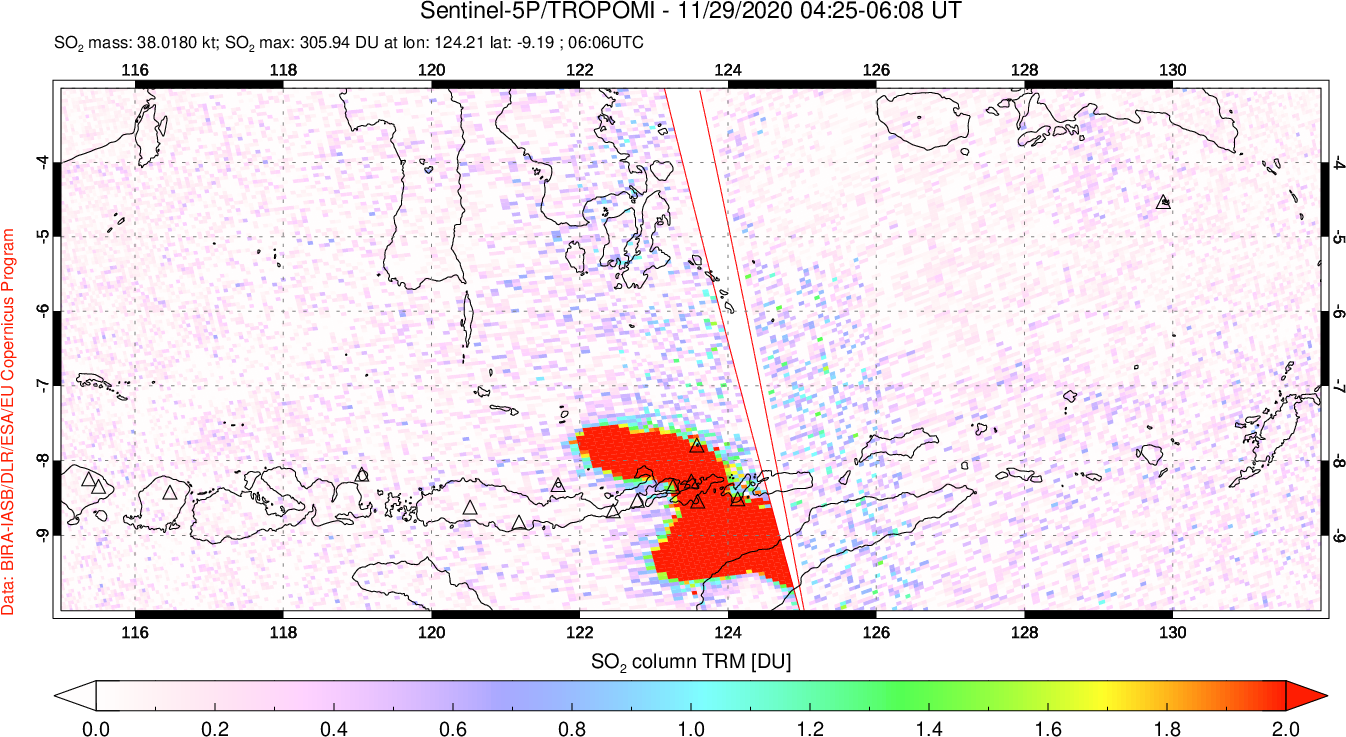 A sulfur dioxide image over Lesser Sunda Islands, Indonesia on Nov 29, 2020.