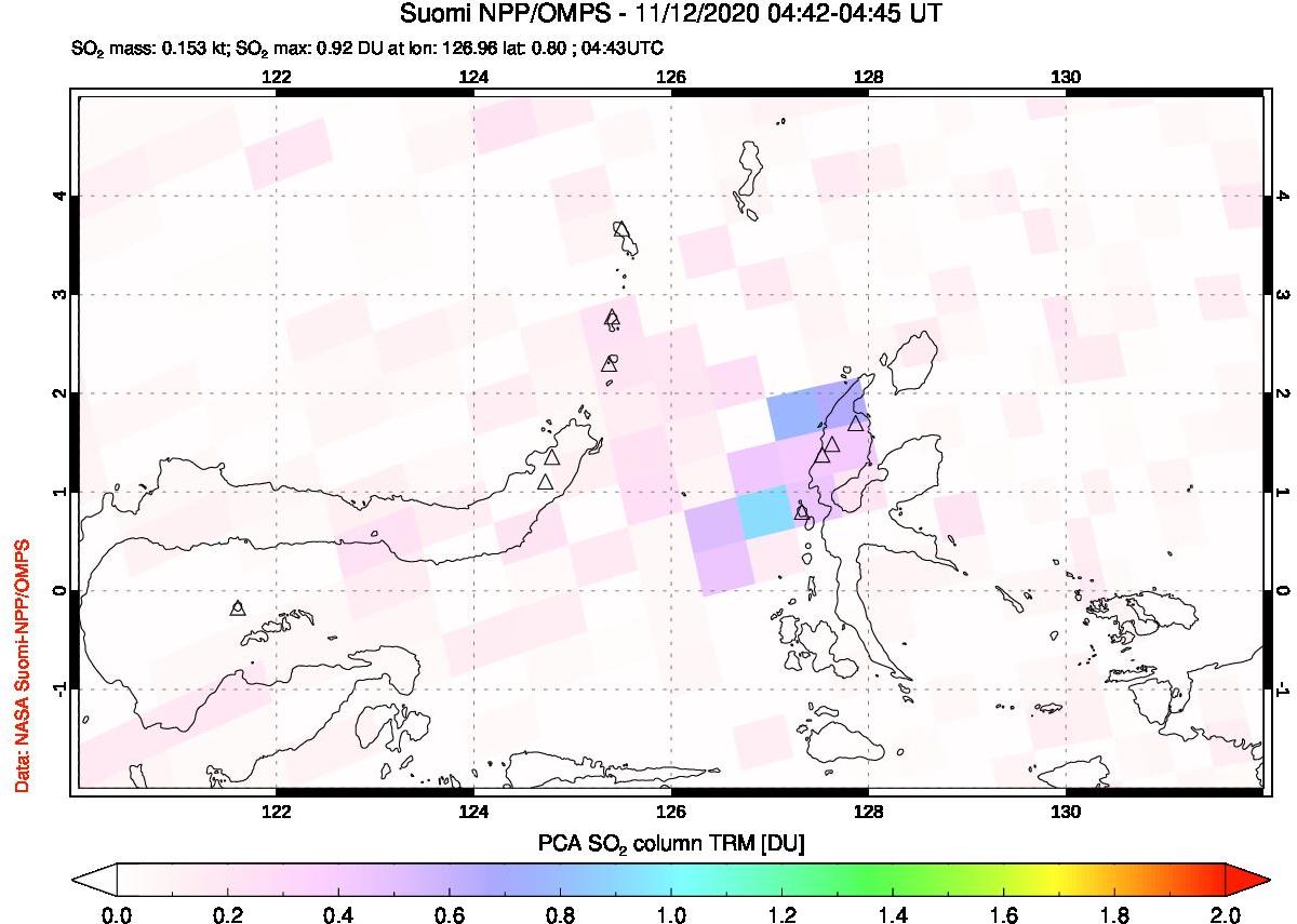 A sulfur dioxide image over Northern Sulawesi & Halmahera, Indonesia on Nov 12, 2020.