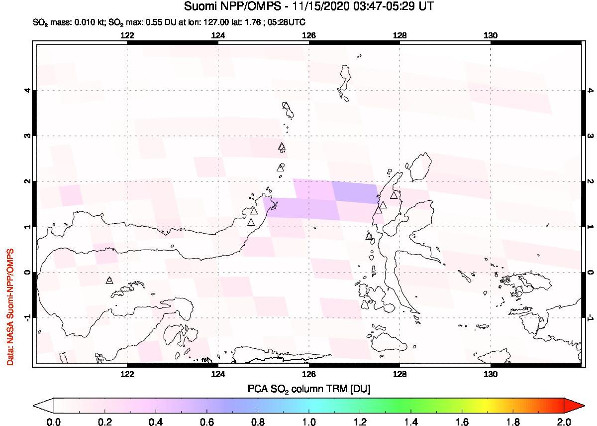 A sulfur dioxide image over Northern Sulawesi & Halmahera, Indonesia on Nov 15, 2020.