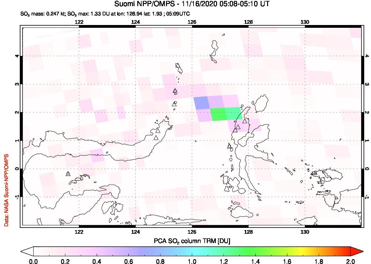 A sulfur dioxide image over Northern Sulawesi & Halmahera, Indonesia on Nov 16, 2020.