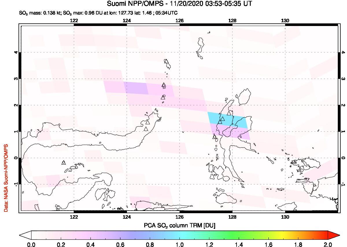 A sulfur dioxide image over Northern Sulawesi & Halmahera, Indonesia on Nov 20, 2020.