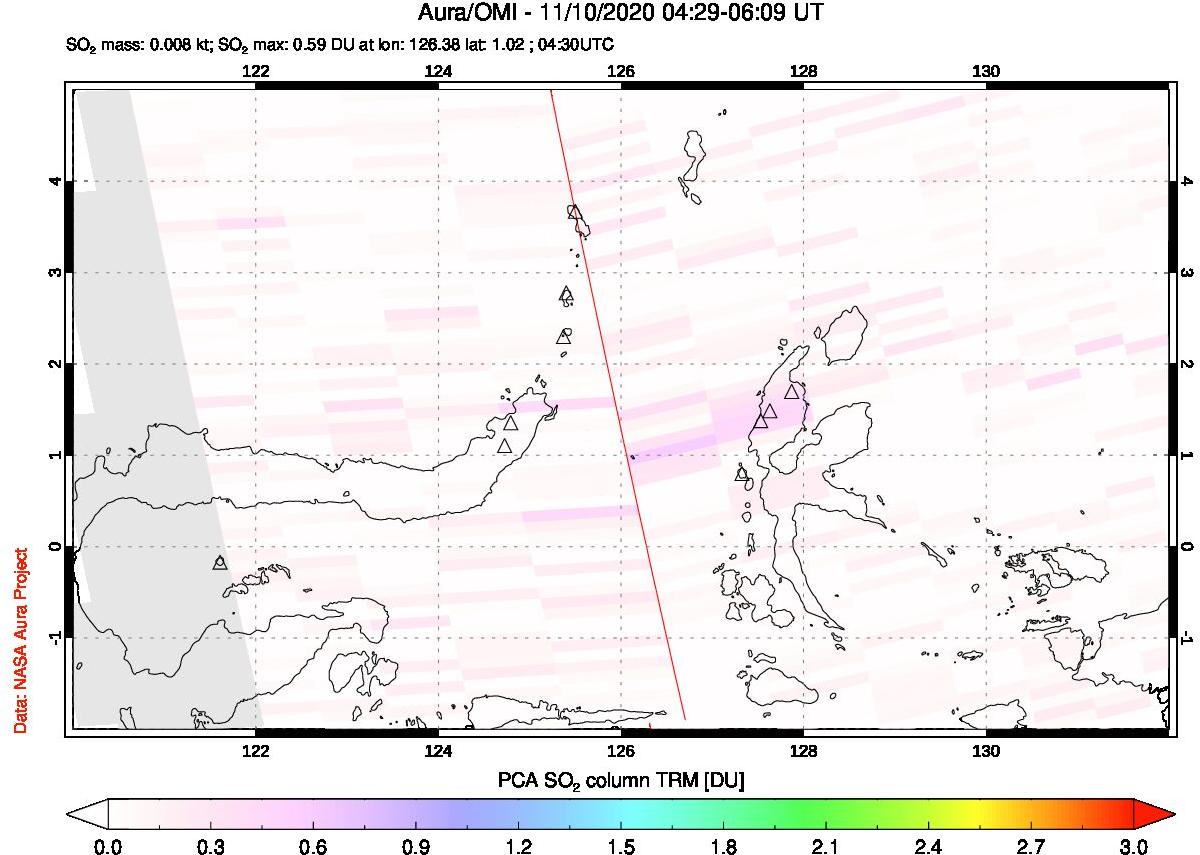 A sulfur dioxide image over Northern Sulawesi & Halmahera, Indonesia on Nov 10, 2020.