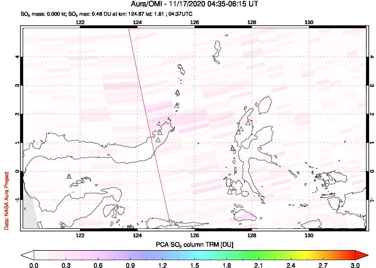 A sulfur dioxide image over Northern Sulawesi & Halmahera, Indonesia on Nov 17, 2020.