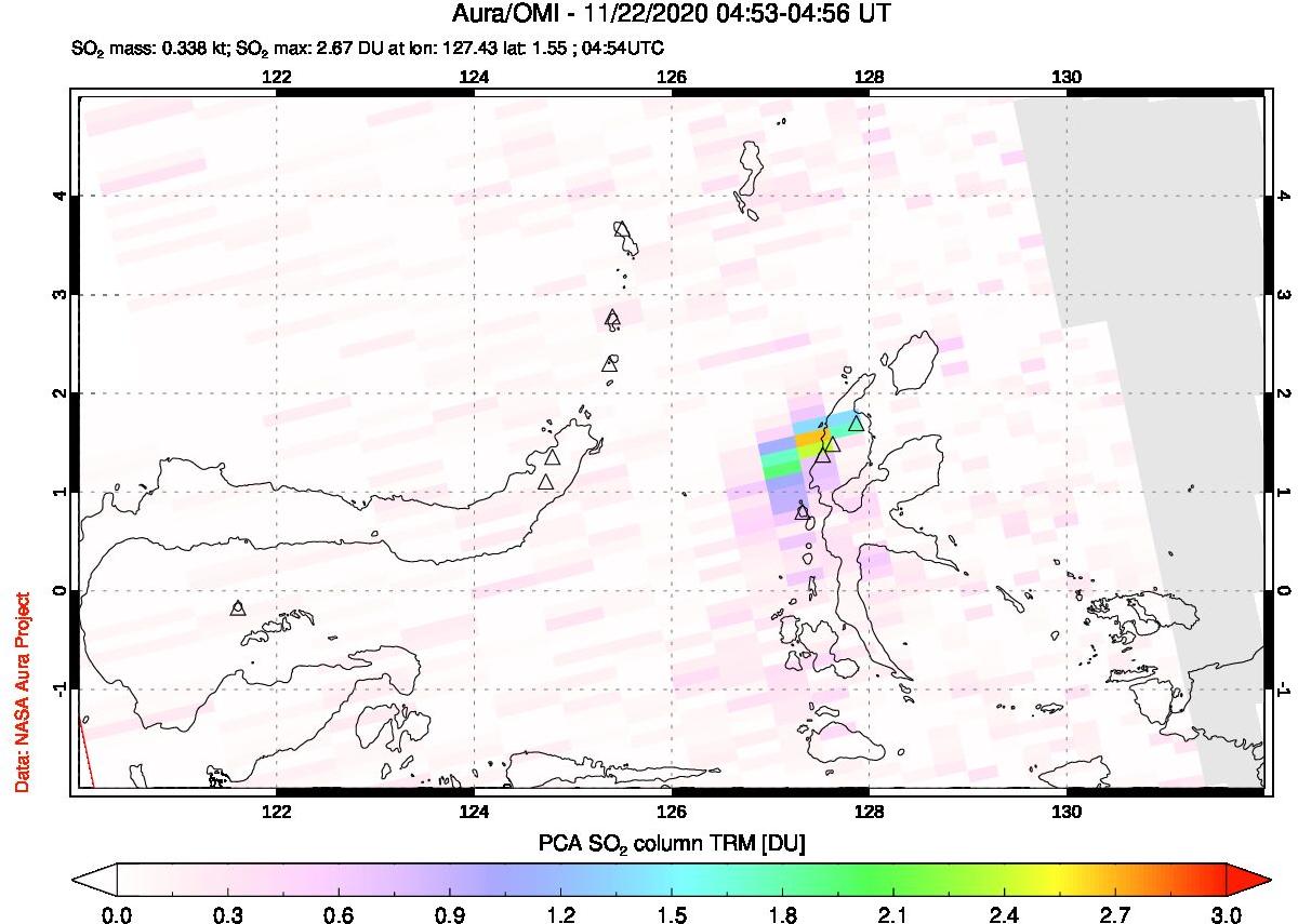A sulfur dioxide image over Northern Sulawesi & Halmahera, Indonesia on Nov 22, 2020.
