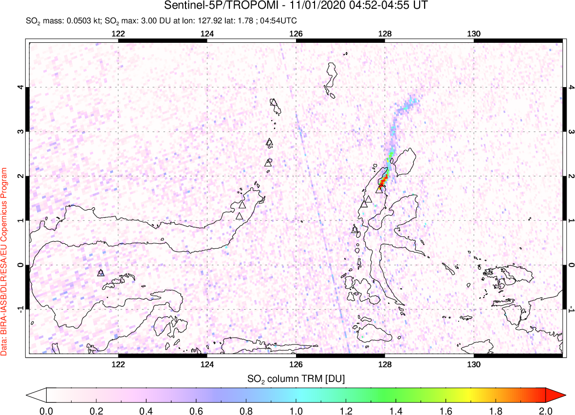 A sulfur dioxide image over Northern Sulawesi & Halmahera, Indonesia on Nov 01, 2020.