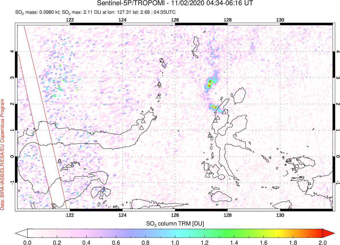 A sulfur dioxide image over Northern Sulawesi & Halmahera, Indonesia on Nov 02, 2020.