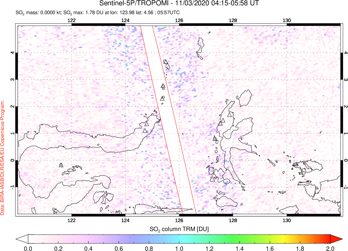 A sulfur dioxide image over Northern Sulawesi & Halmahera, Indonesia on Nov 03, 2020.