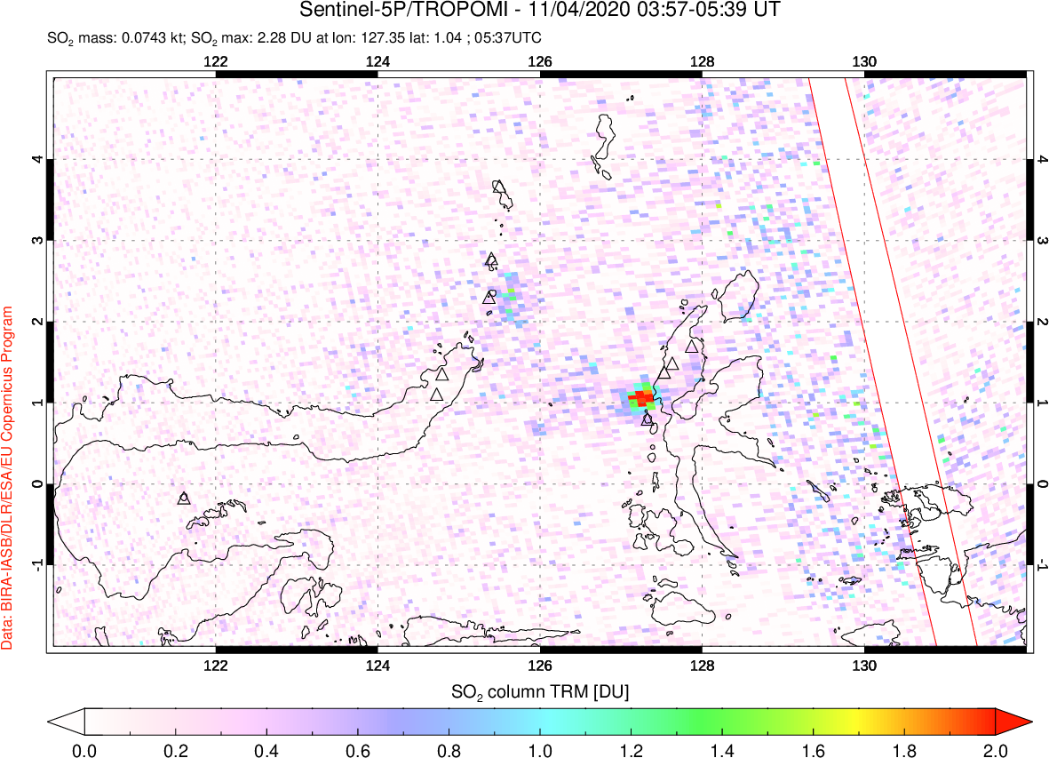 A sulfur dioxide image over Northern Sulawesi & Halmahera, Indonesia on Nov 04, 2020.