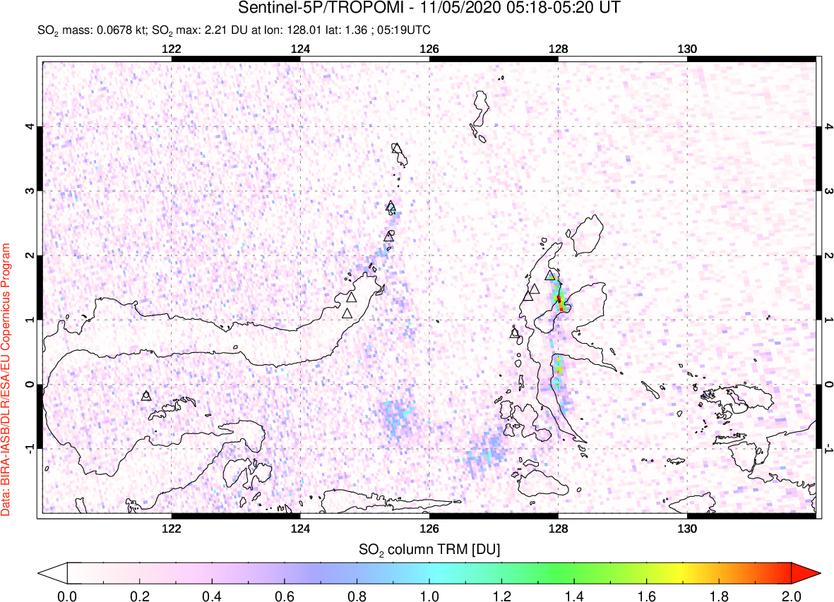 A sulfur dioxide image over Northern Sulawesi & Halmahera, Indonesia on Nov 05, 2020.