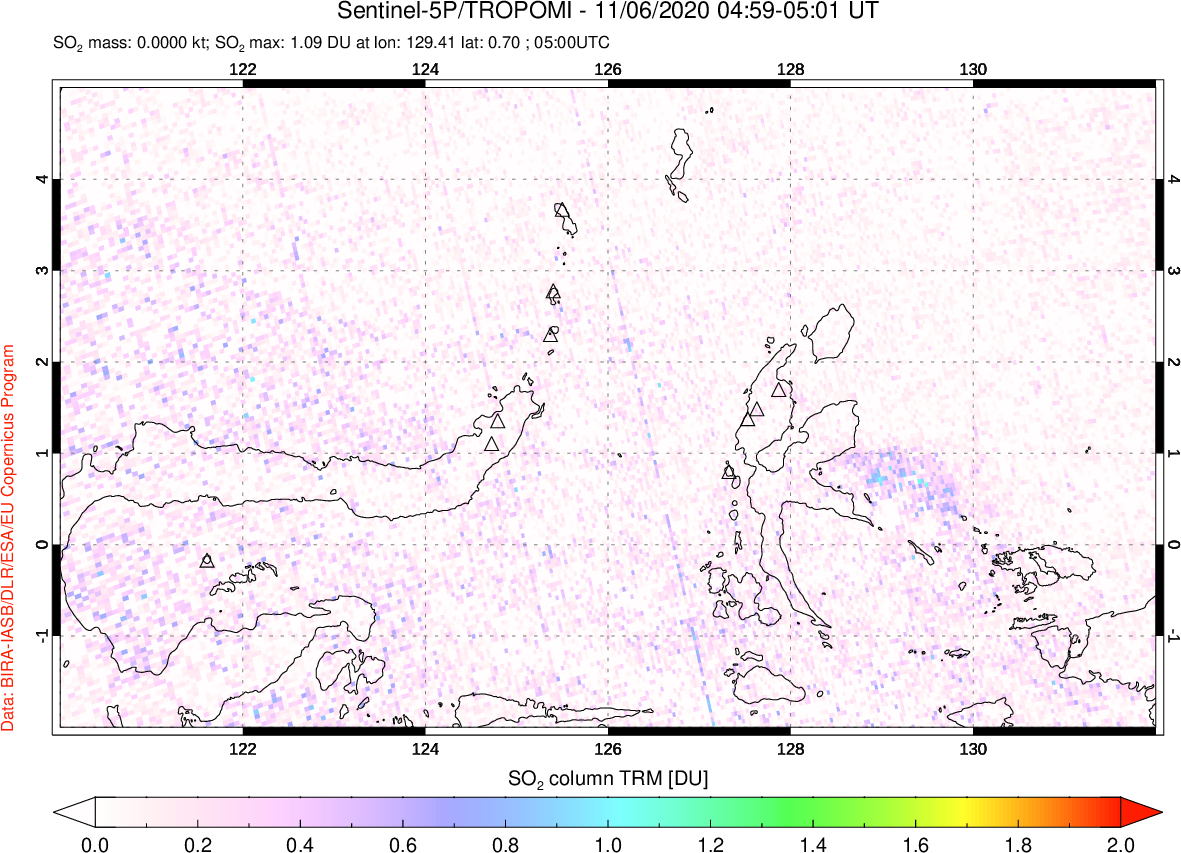A sulfur dioxide image over Northern Sulawesi & Halmahera, Indonesia on Nov 06, 2020.