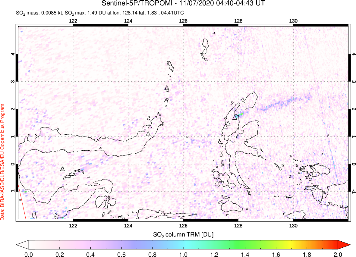 A sulfur dioxide image over Northern Sulawesi & Halmahera, Indonesia on Nov 07, 2020.