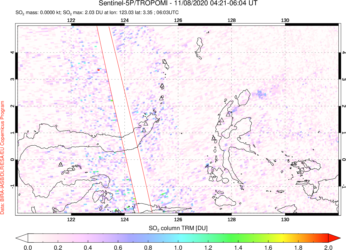 A sulfur dioxide image over Northern Sulawesi & Halmahera, Indonesia on Nov 08, 2020.