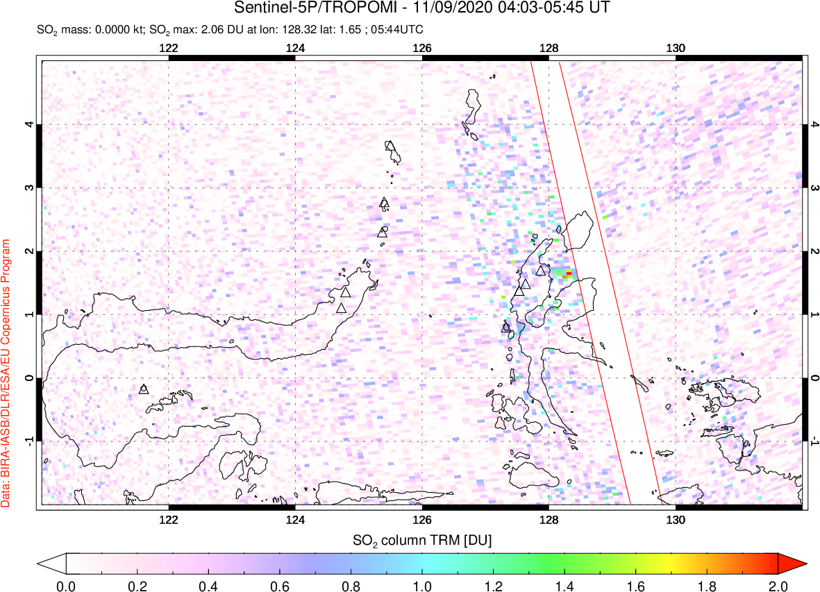 A sulfur dioxide image over Northern Sulawesi & Halmahera, Indonesia on Nov 09, 2020.