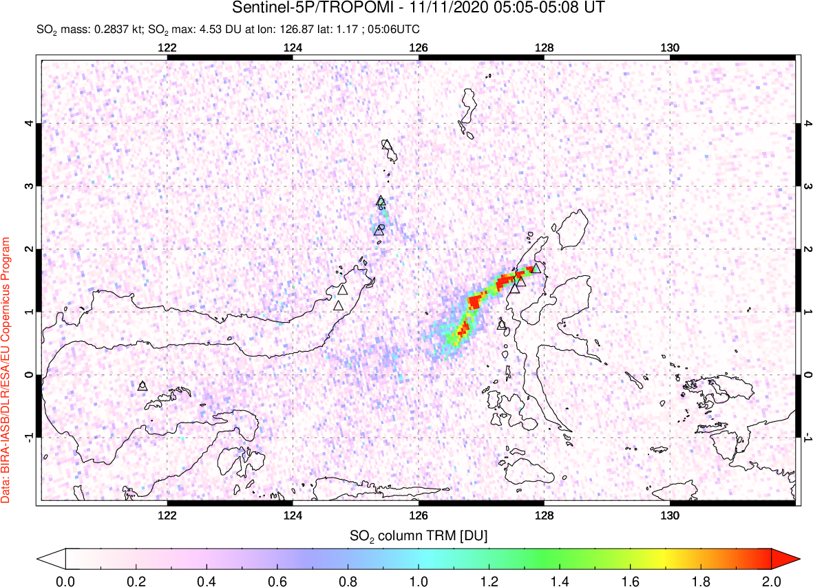 A sulfur dioxide image over Northern Sulawesi & Halmahera, Indonesia on Nov 11, 2020.