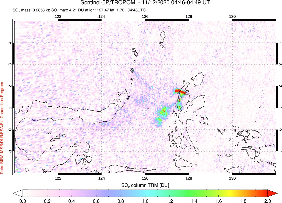 A sulfur dioxide image over Northern Sulawesi & Halmahera, Indonesia on Nov 12, 2020.