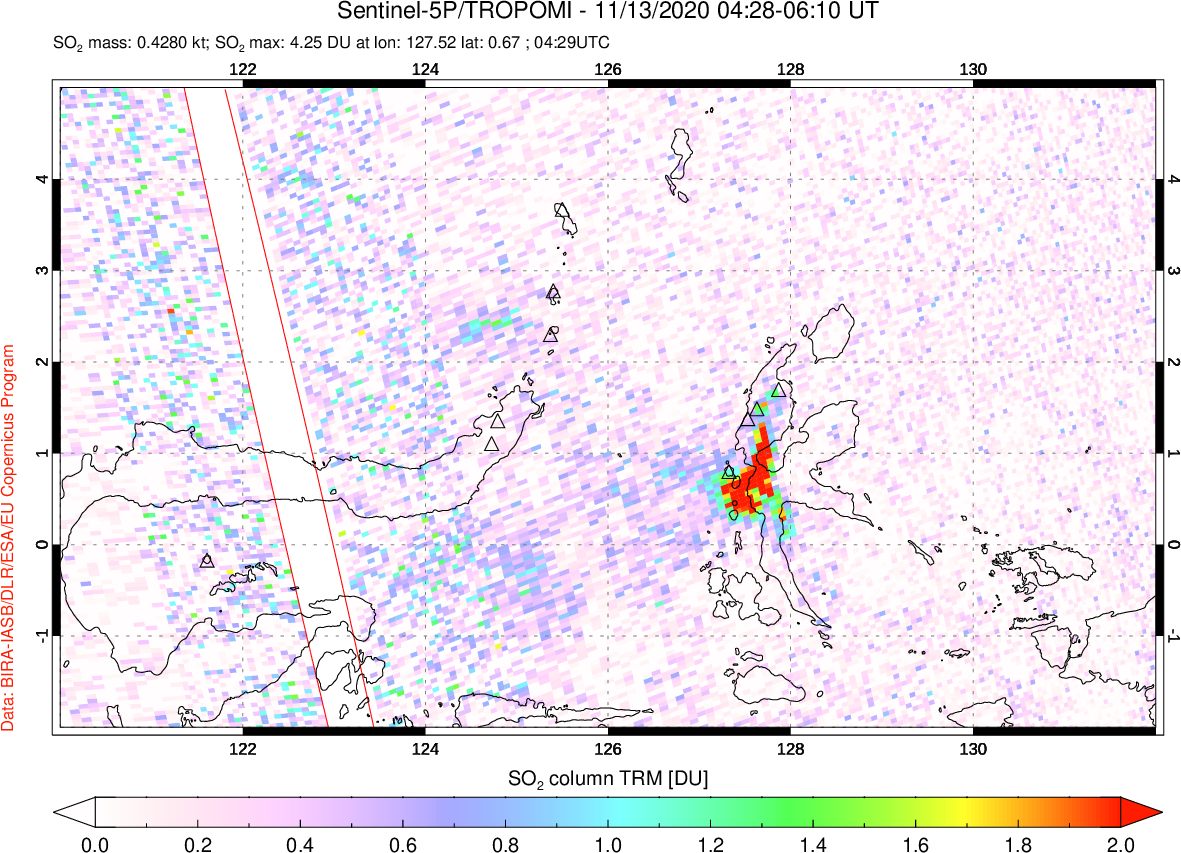 A sulfur dioxide image over Northern Sulawesi & Halmahera, Indonesia on Nov 13, 2020.