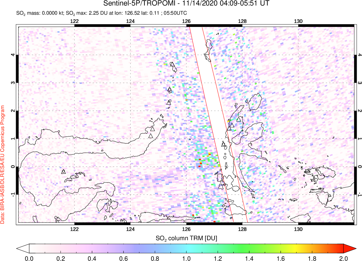 A sulfur dioxide image over Northern Sulawesi & Halmahera, Indonesia on Nov 14, 2020.