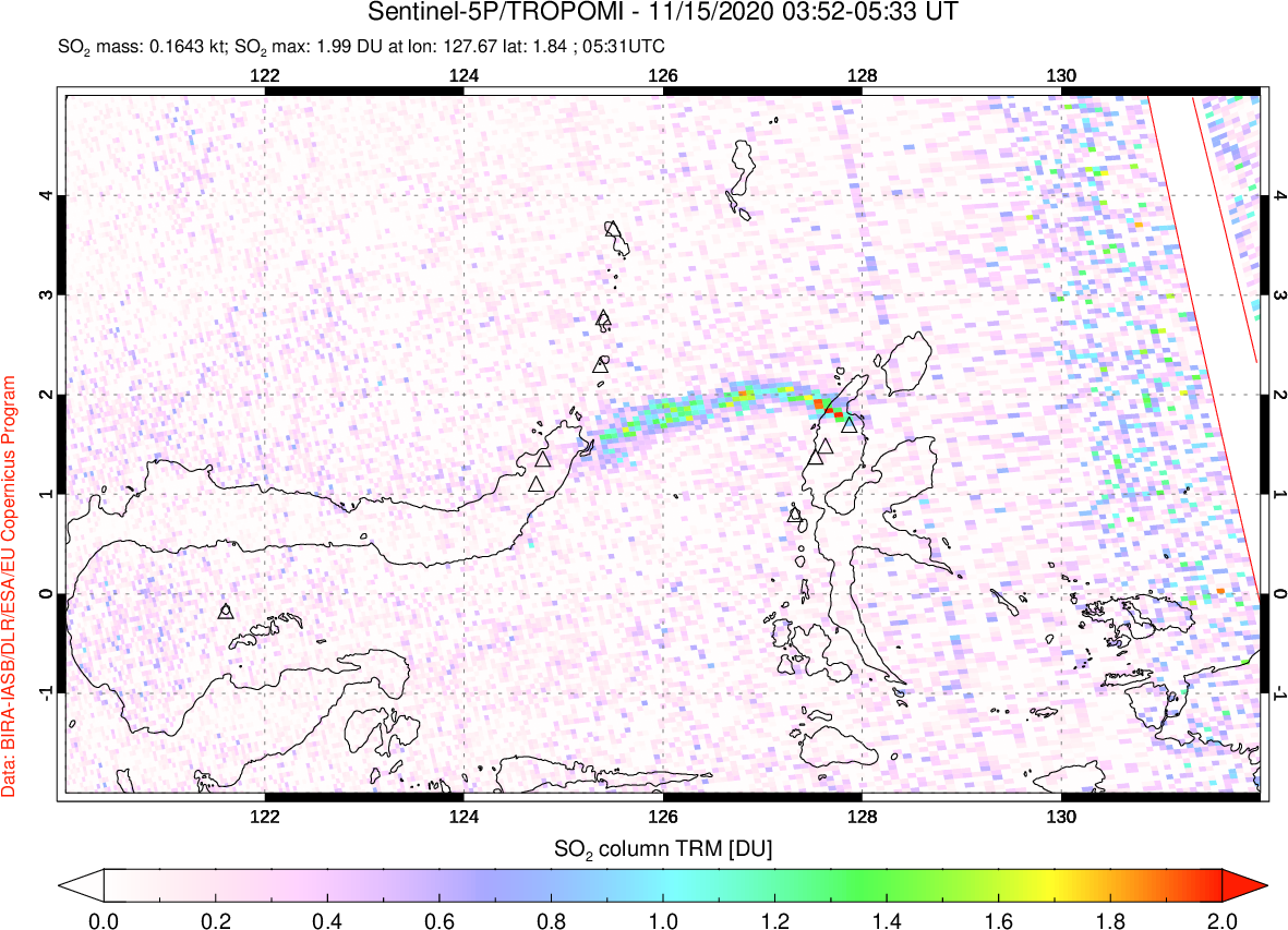 A sulfur dioxide image over Northern Sulawesi & Halmahera, Indonesia on Nov 15, 2020.
