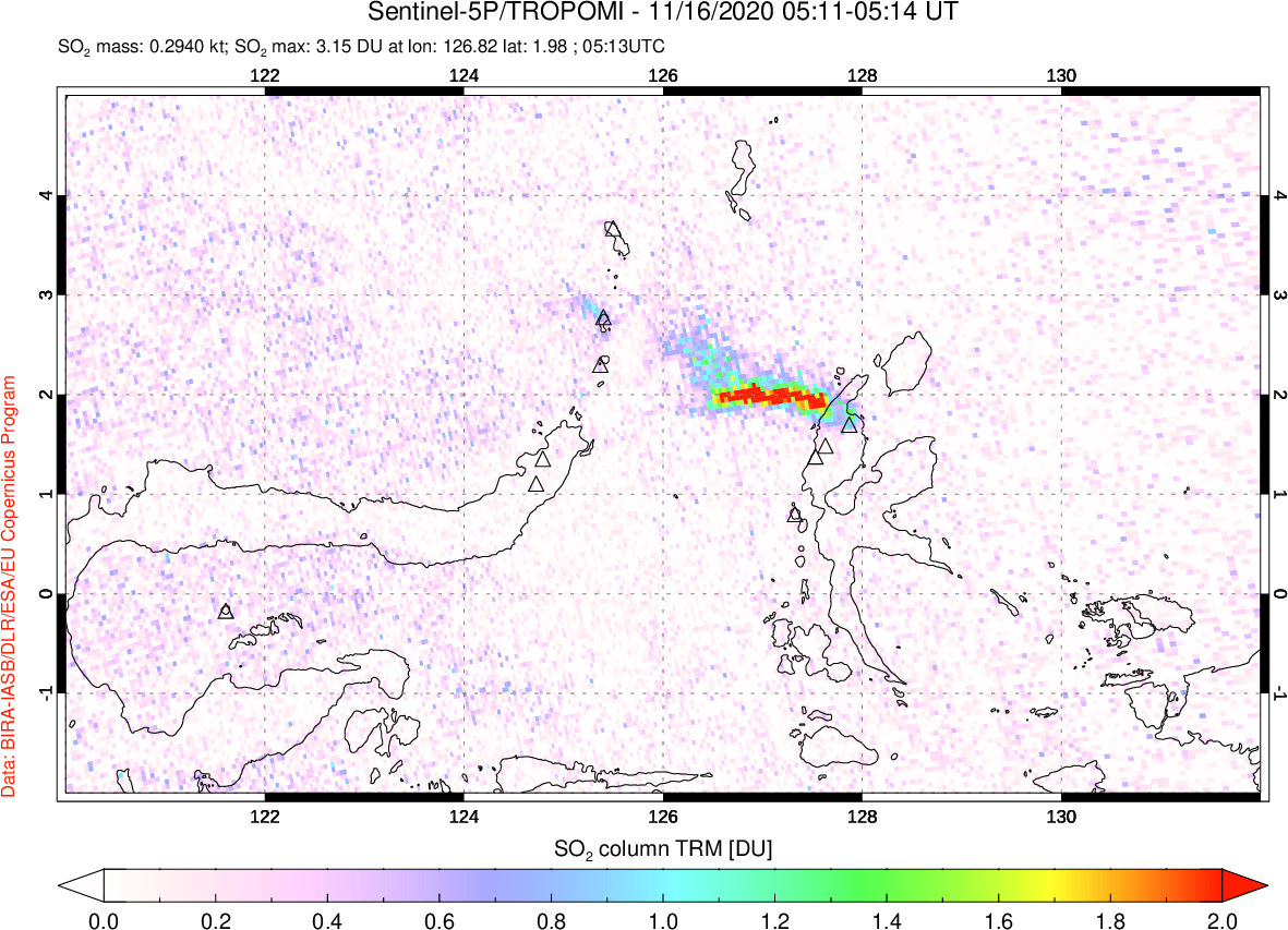 A sulfur dioxide image over Northern Sulawesi & Halmahera, Indonesia on Nov 16, 2020.