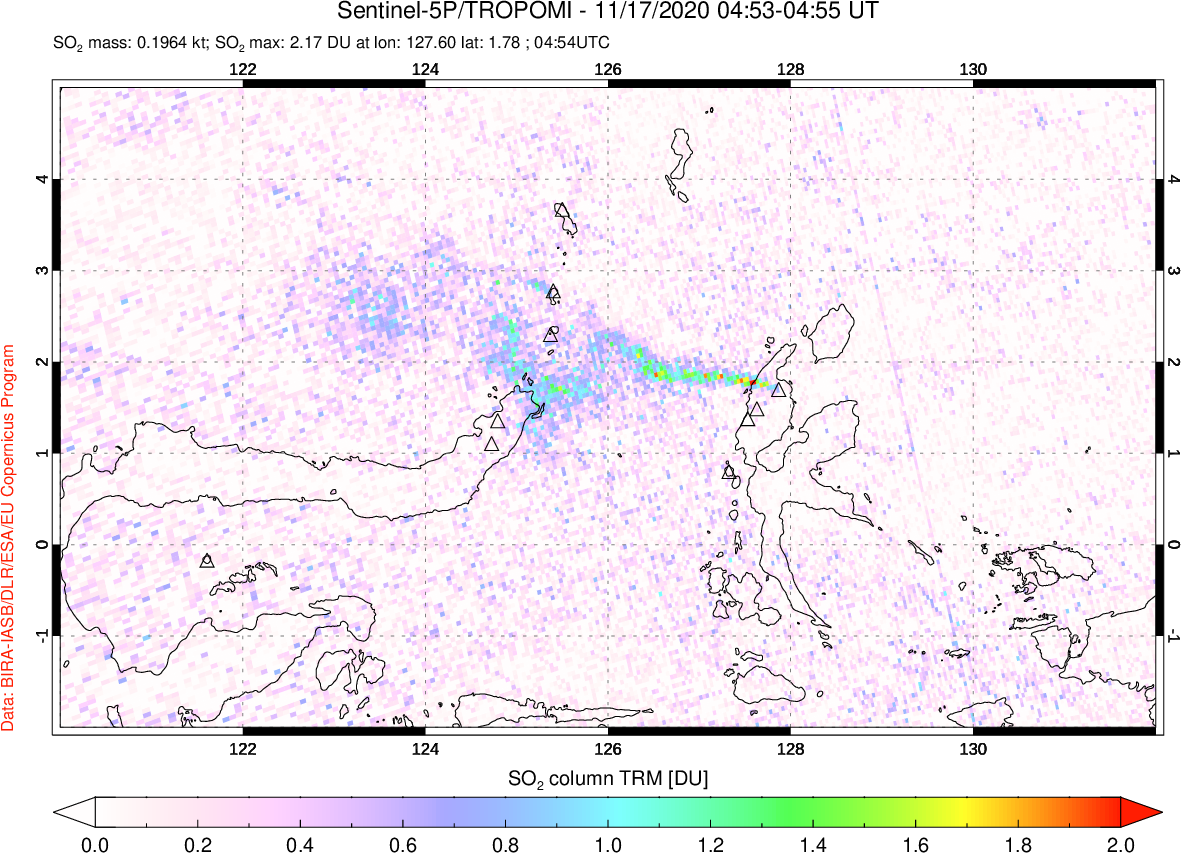 A sulfur dioxide image over Northern Sulawesi & Halmahera, Indonesia on Nov 17, 2020.