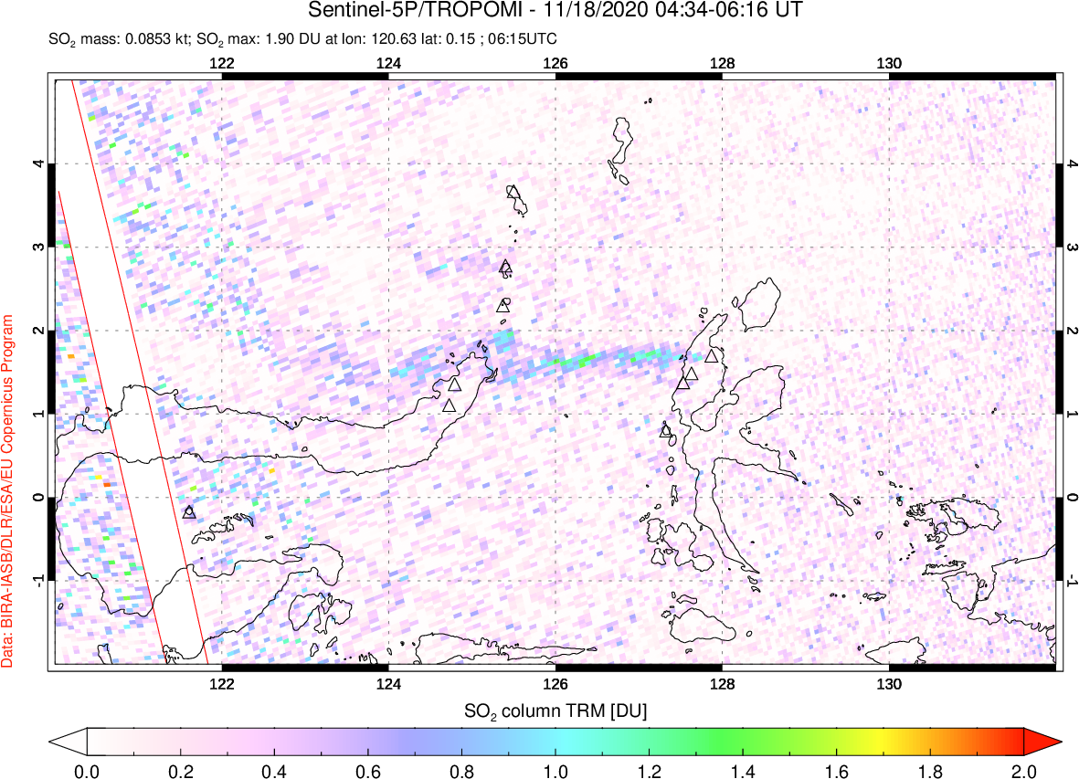 A sulfur dioxide image over Northern Sulawesi & Halmahera, Indonesia on Nov 18, 2020.