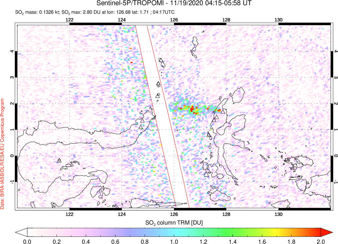 A sulfur dioxide image over Northern Sulawesi & Halmahera, Indonesia on Nov 19, 2020.