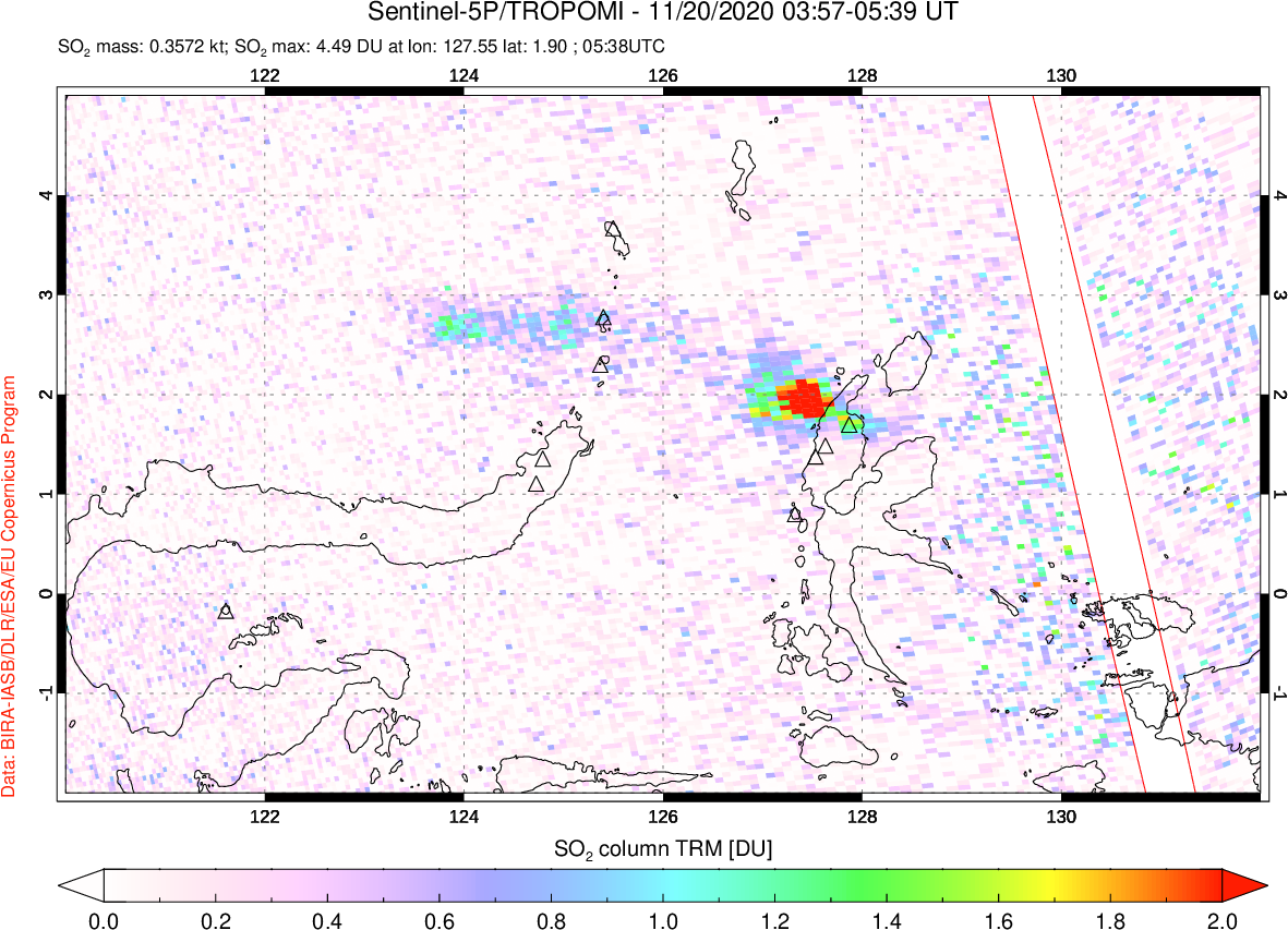 A sulfur dioxide image over Northern Sulawesi & Halmahera, Indonesia on Nov 20, 2020.