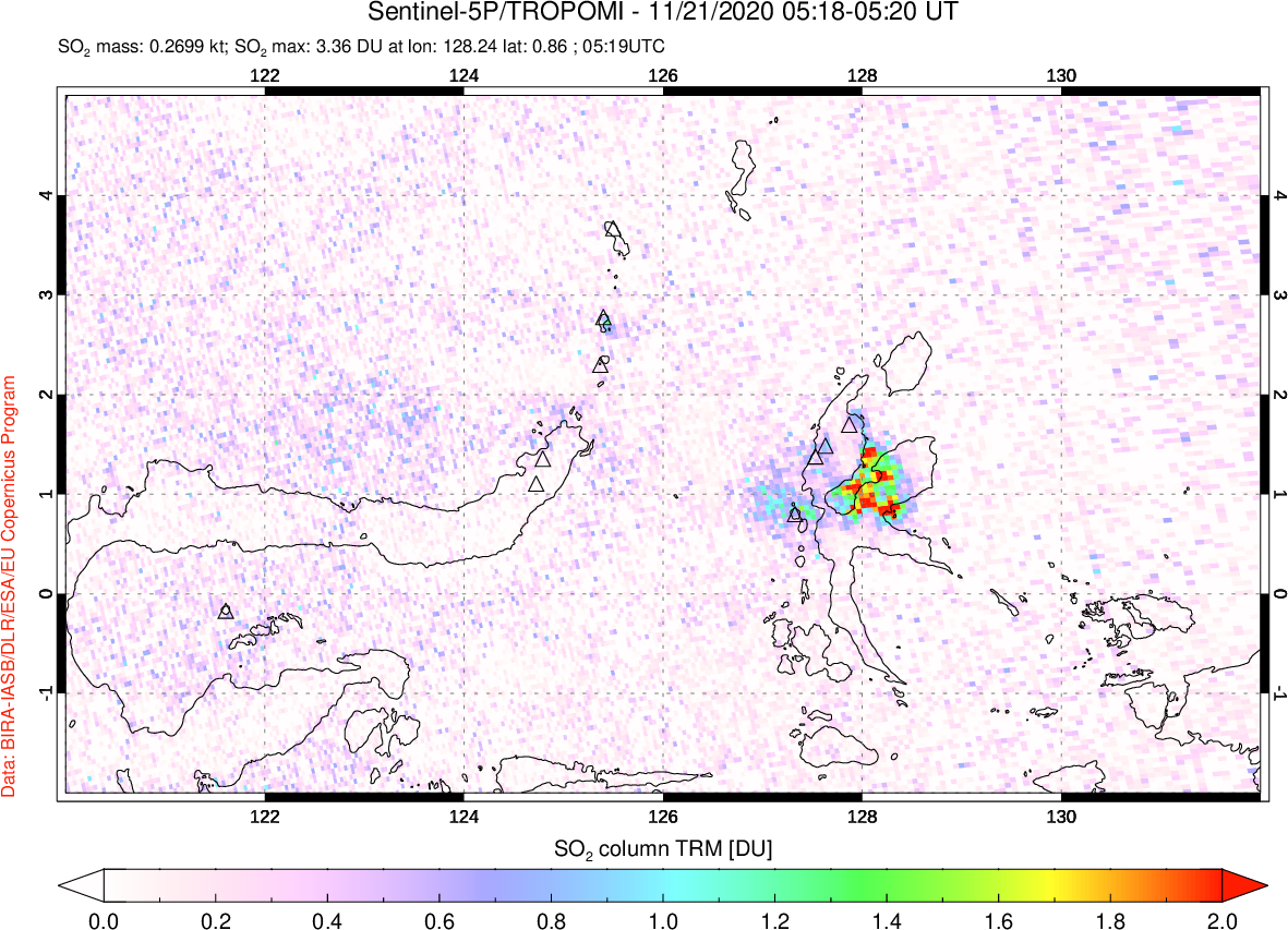A sulfur dioxide image over Northern Sulawesi & Halmahera, Indonesia on Nov 21, 2020.