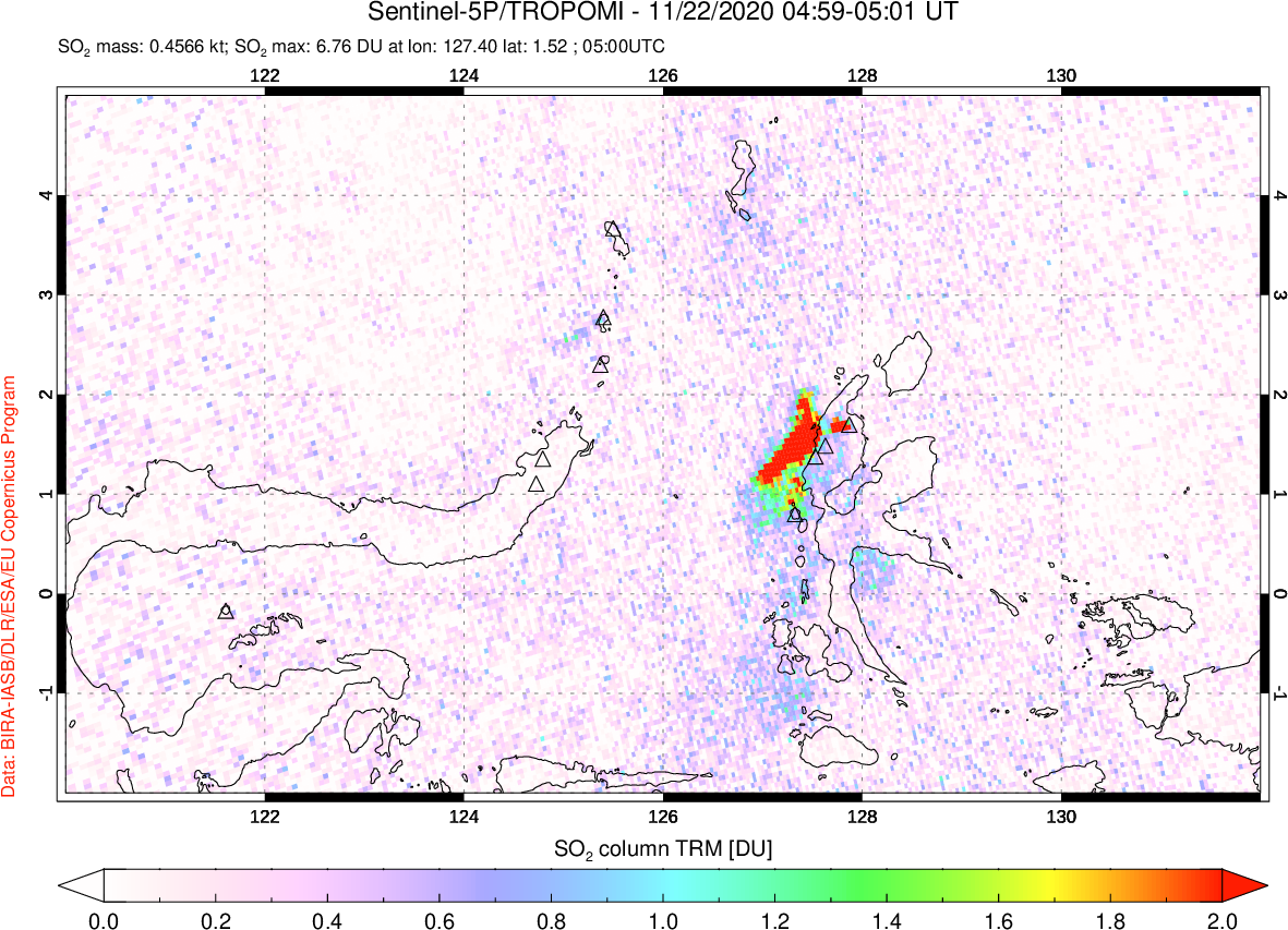 A sulfur dioxide image over Northern Sulawesi & Halmahera, Indonesia on Nov 22, 2020.