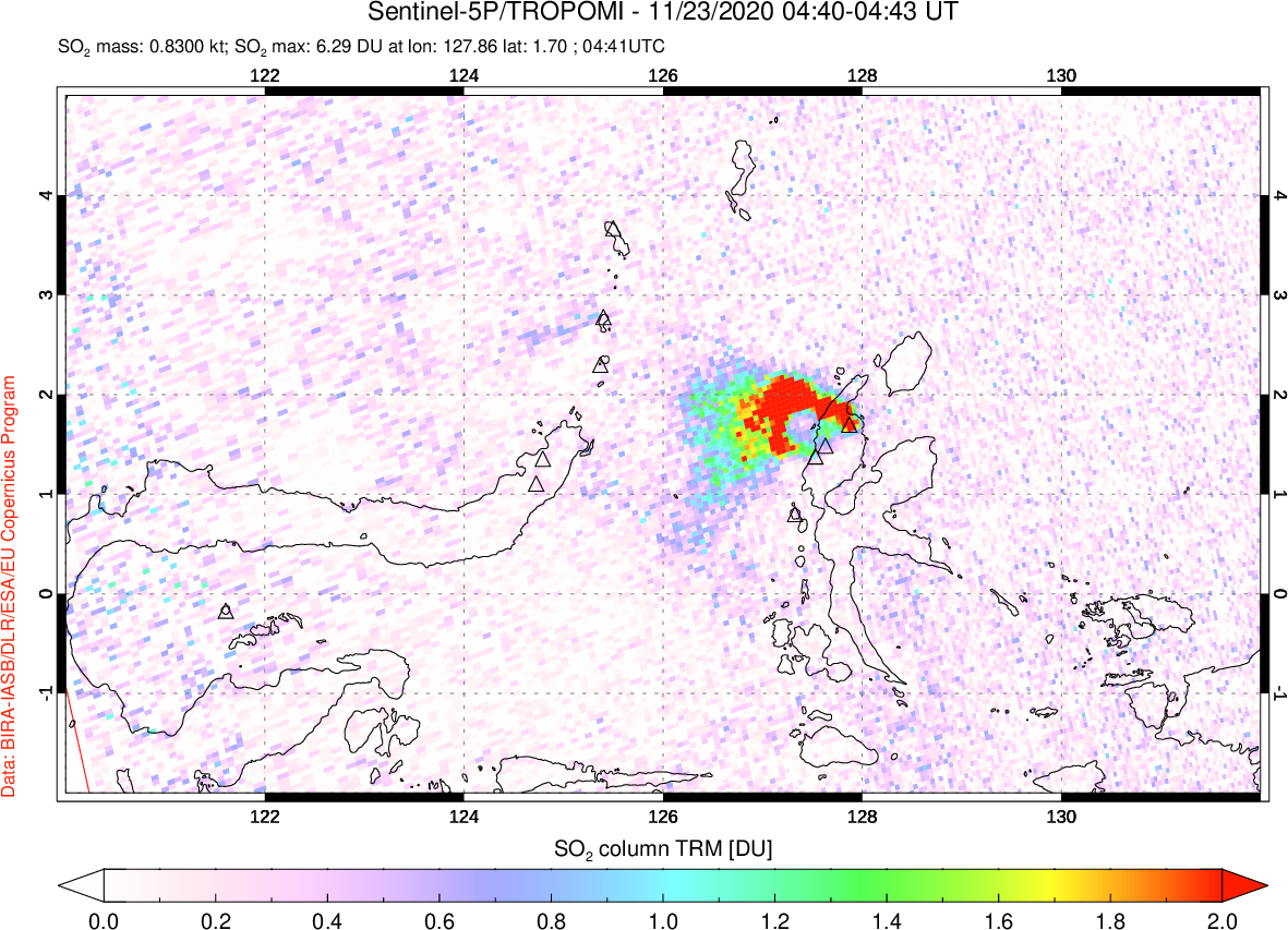 A sulfur dioxide image over Northern Sulawesi & Halmahera, Indonesia on Nov 23, 2020.