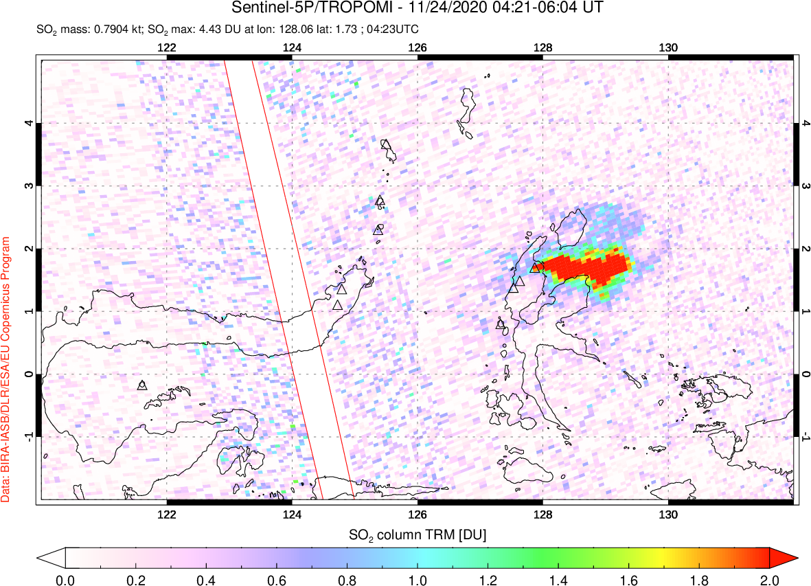 A sulfur dioxide image over Northern Sulawesi & Halmahera, Indonesia on Nov 24, 2020.
