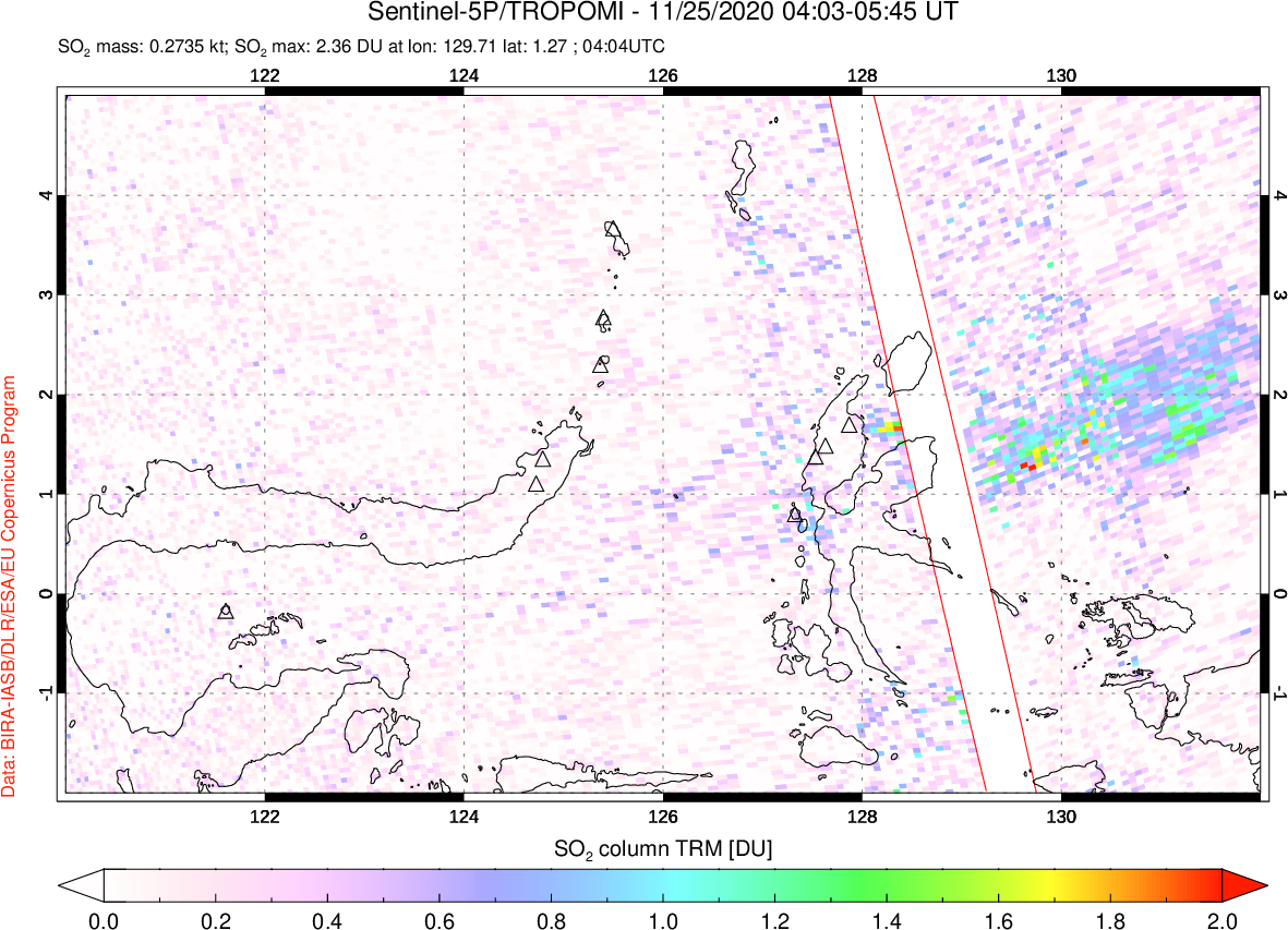 A sulfur dioxide image over Northern Sulawesi & Halmahera, Indonesia on Nov 25, 2020.