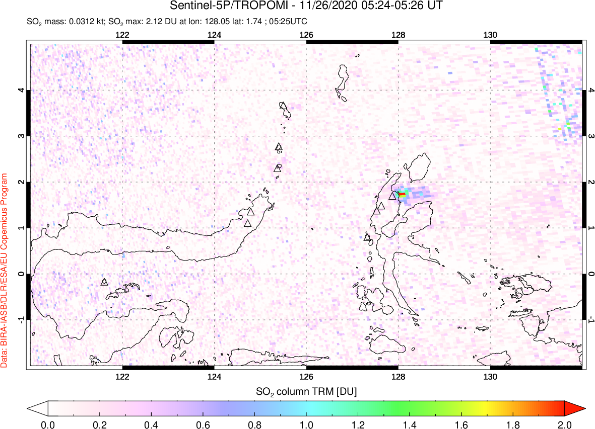 A sulfur dioxide image over Northern Sulawesi & Halmahera, Indonesia on Nov 26, 2020.