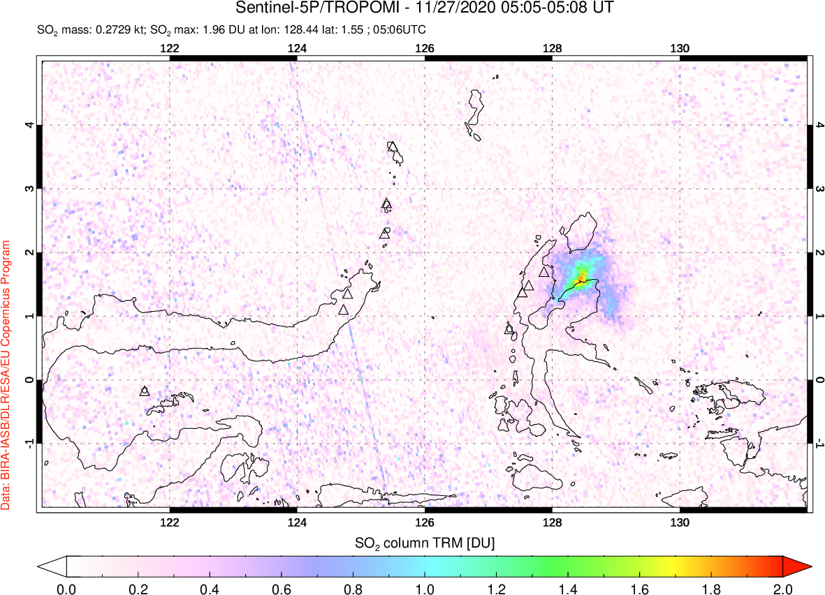 A sulfur dioxide image over Northern Sulawesi & Halmahera, Indonesia on Nov 27, 2020.