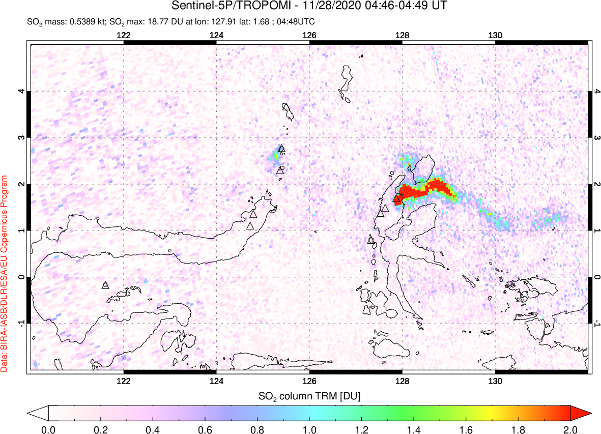 A sulfur dioxide image over Northern Sulawesi & Halmahera, Indonesia on Nov 28, 2020.
