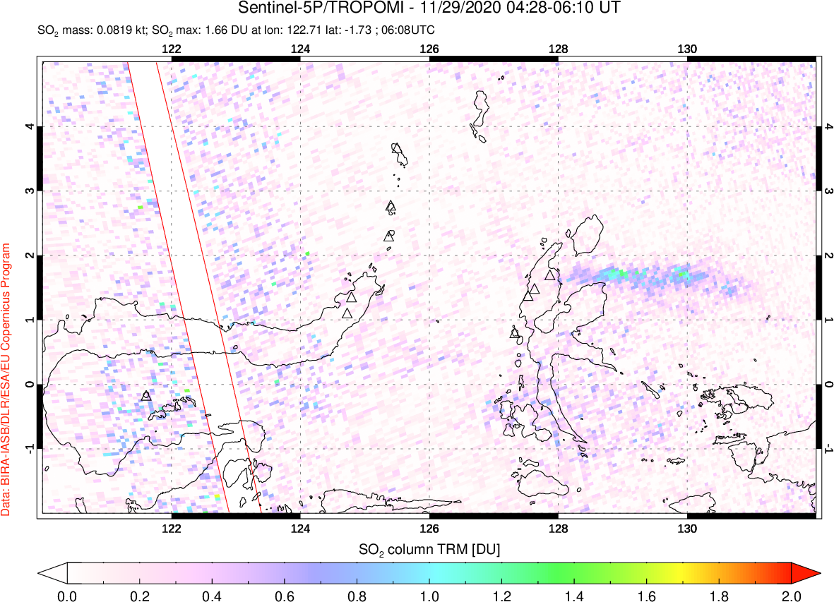 A sulfur dioxide image over Northern Sulawesi & Halmahera, Indonesia on Nov 29, 2020.