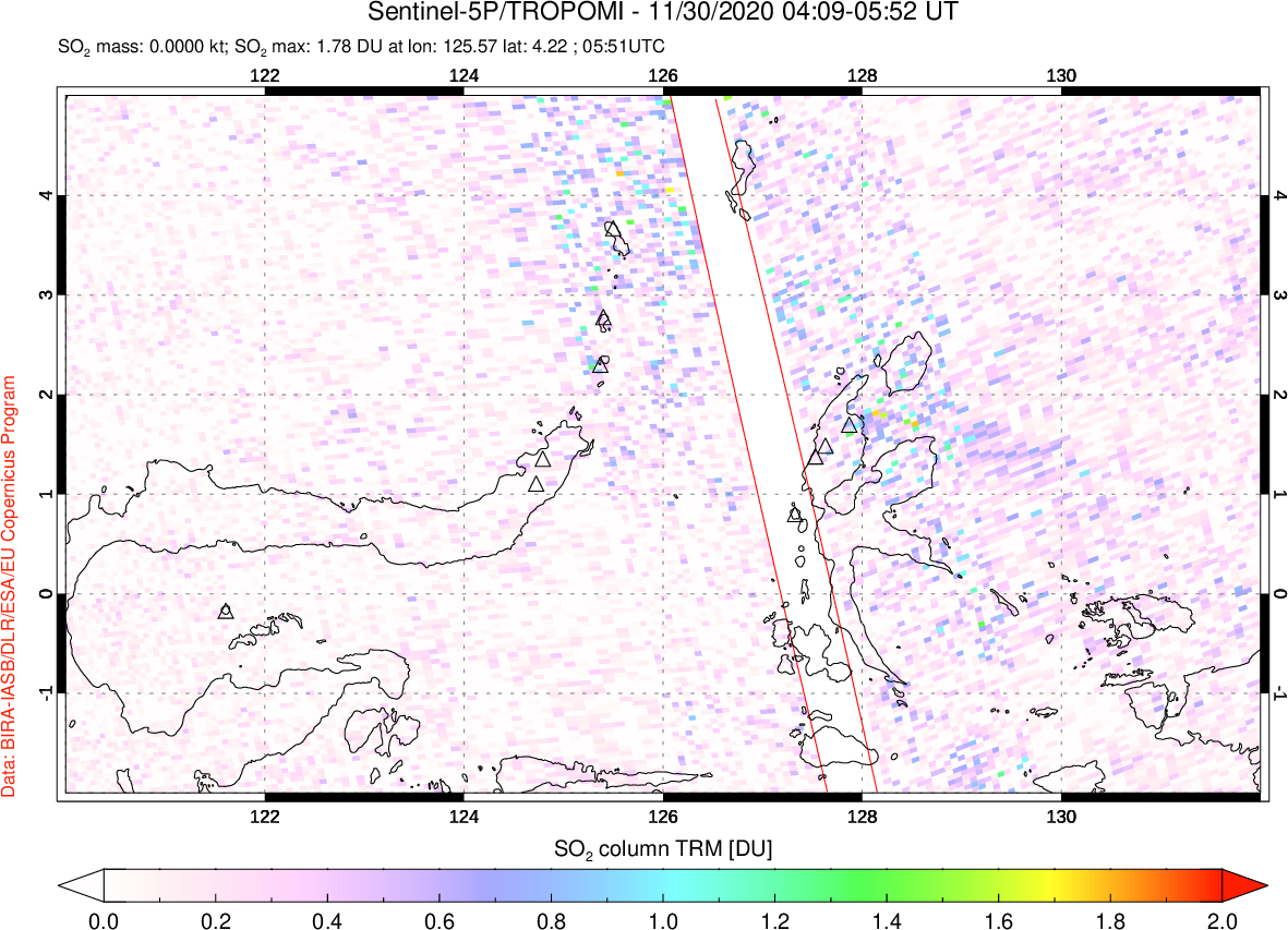 A sulfur dioxide image over Northern Sulawesi & Halmahera, Indonesia on Nov 30, 2020.