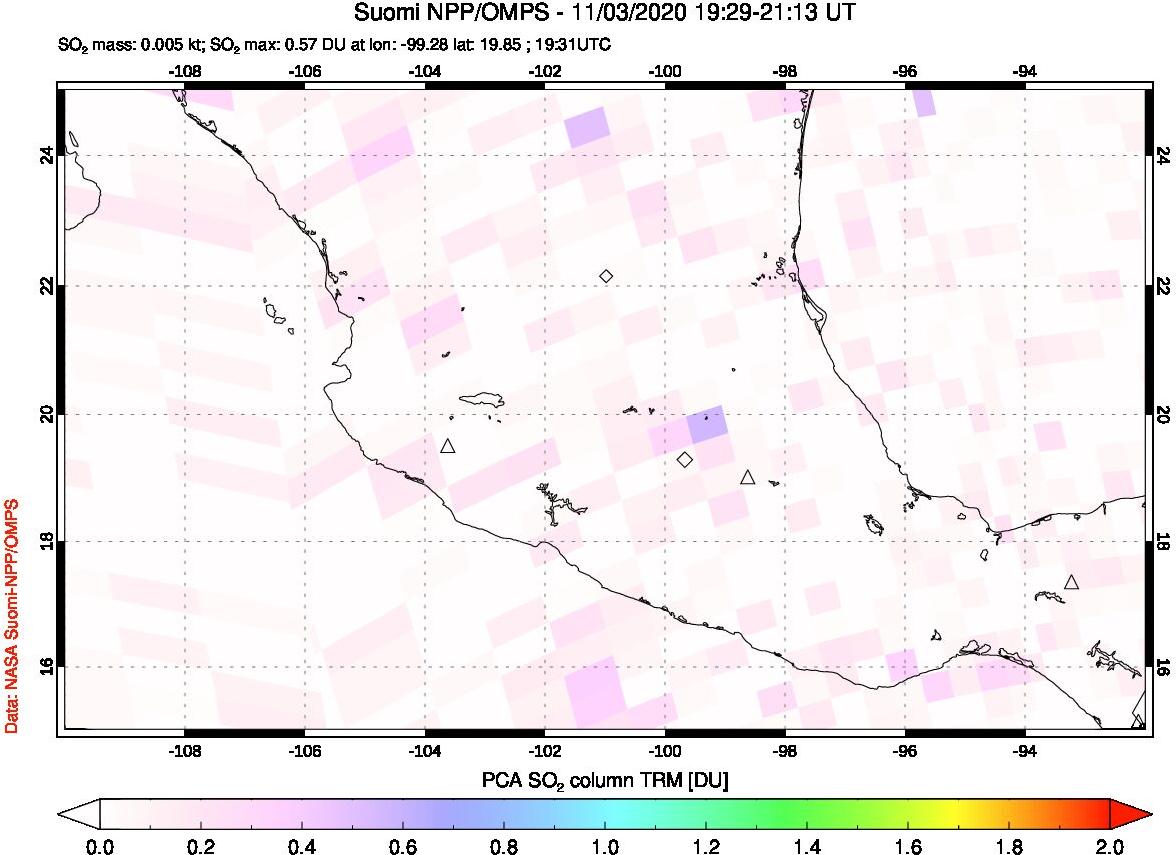 A sulfur dioxide image over Mexico on Nov 03, 2020.