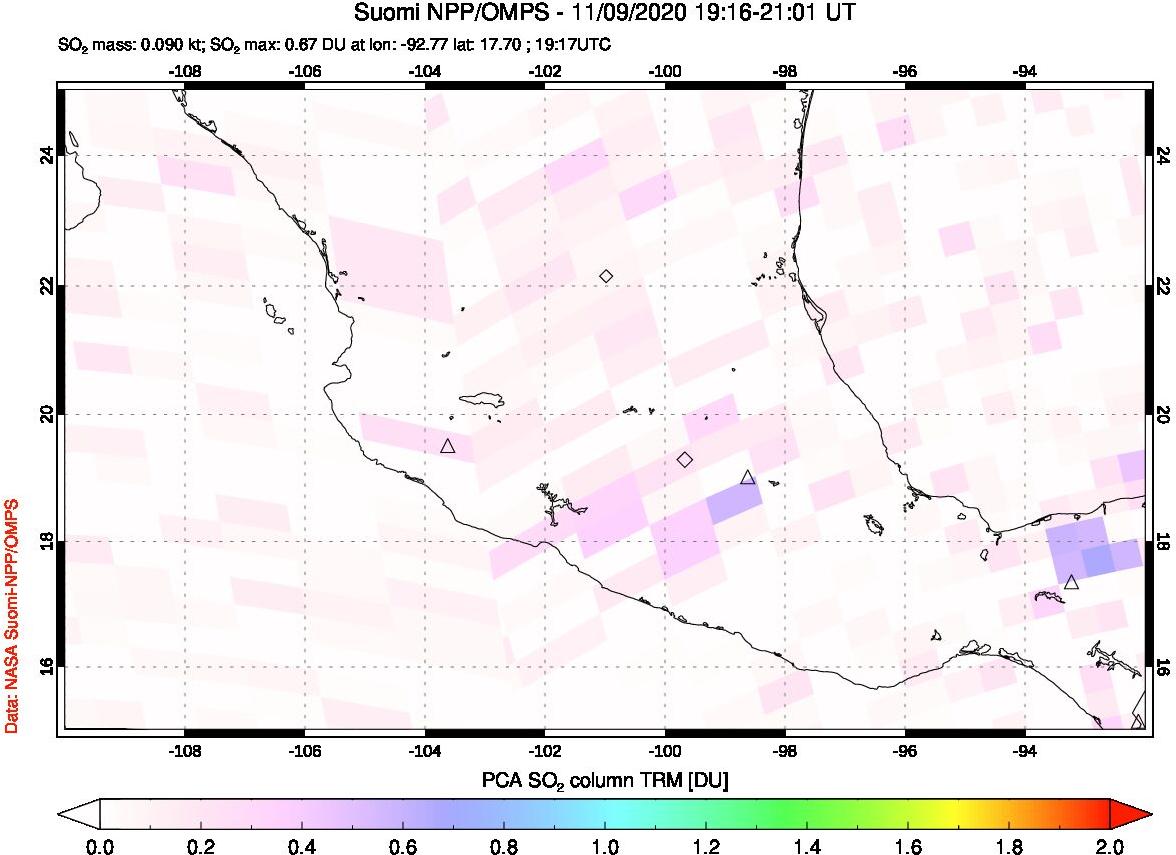 A sulfur dioxide image over Mexico on Nov 09, 2020.
