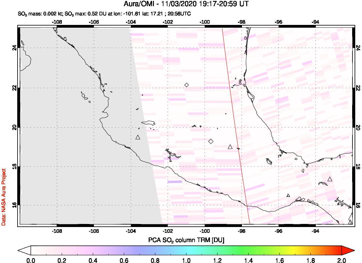 A sulfur dioxide image over Mexico on Nov 03, 2020.