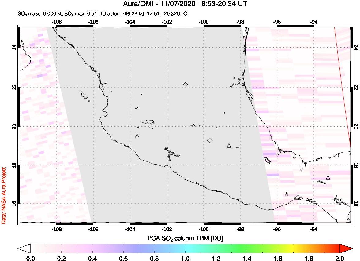 A sulfur dioxide image over Mexico on Nov 07, 2020.