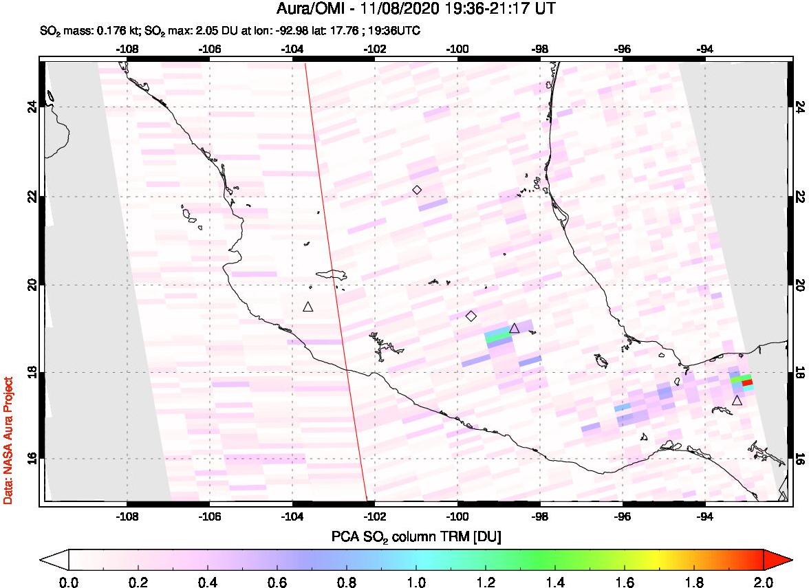 A sulfur dioxide image over Mexico on Nov 08, 2020.