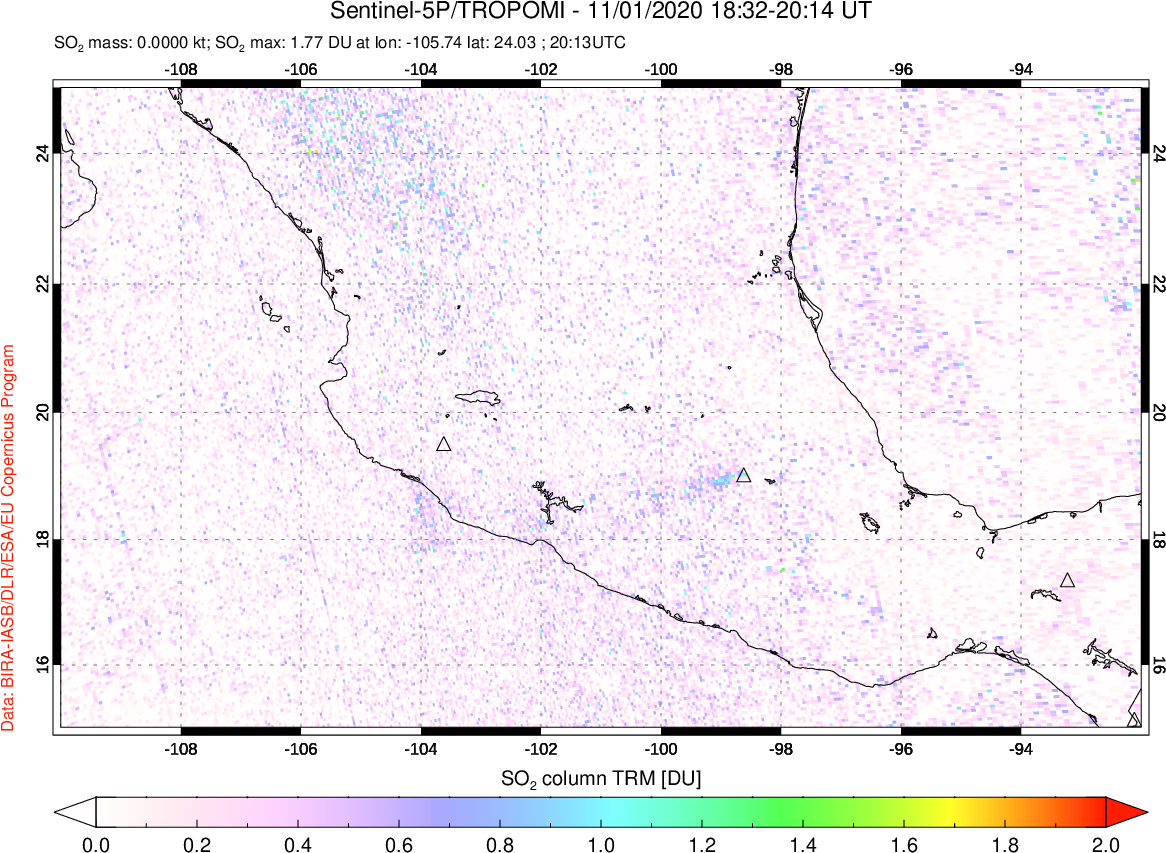 A sulfur dioxide image over Mexico on Nov 01, 2020.