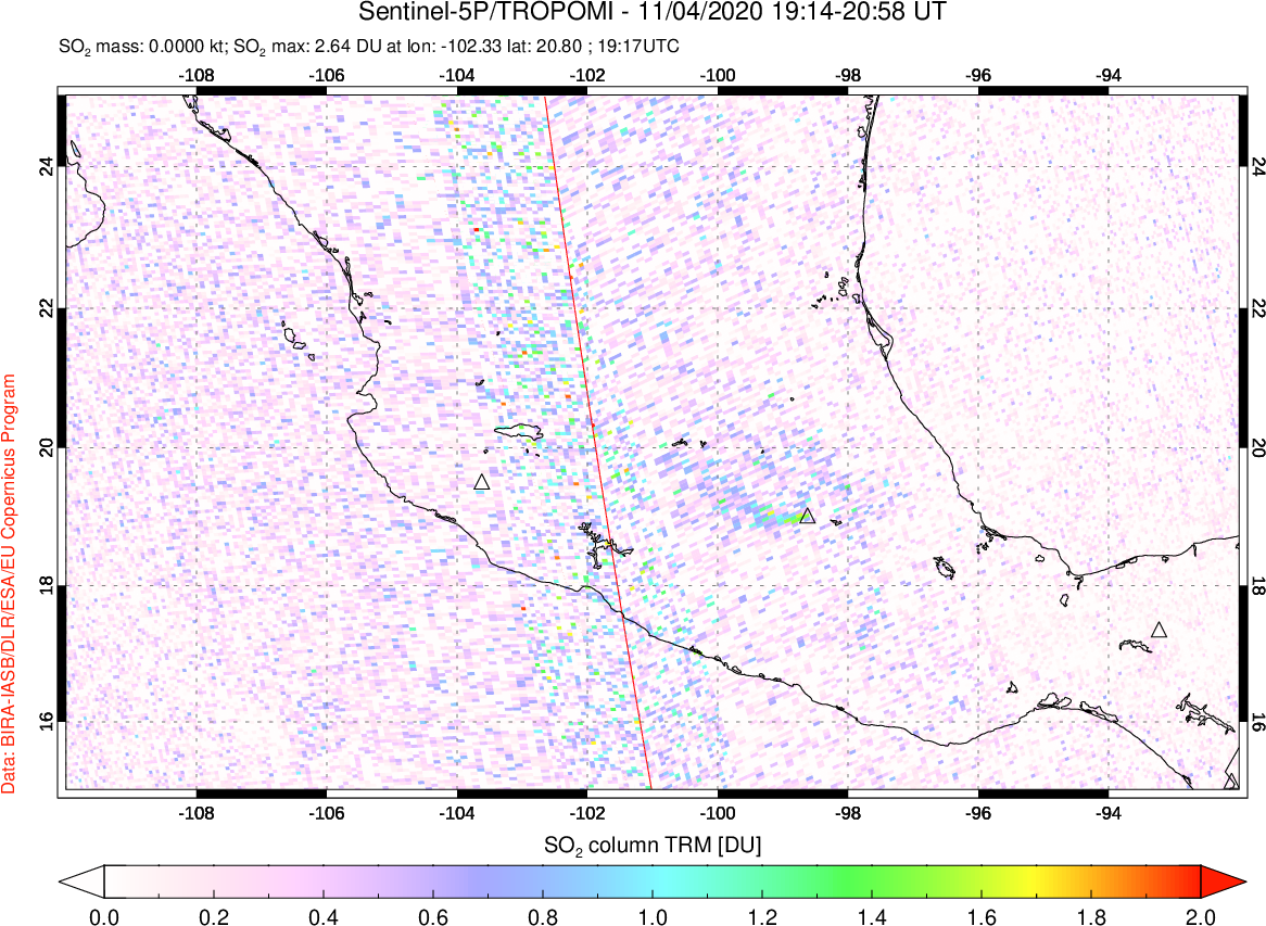 A sulfur dioxide image over Mexico on Nov 04, 2020.