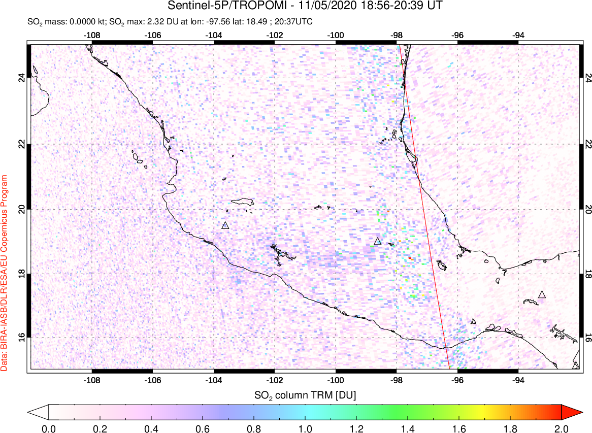 A sulfur dioxide image over Mexico on Nov 05, 2020.