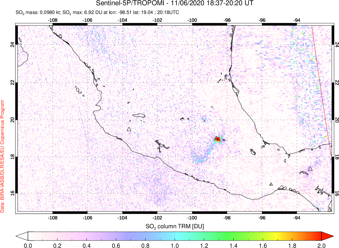 A sulfur dioxide image over Mexico on Nov 06, 2020.