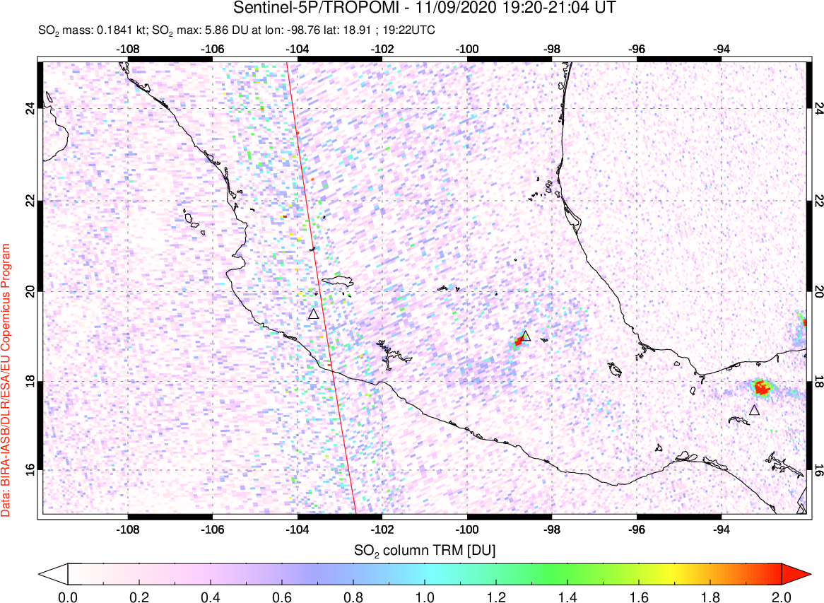 A sulfur dioxide image over Mexico on Nov 09, 2020.