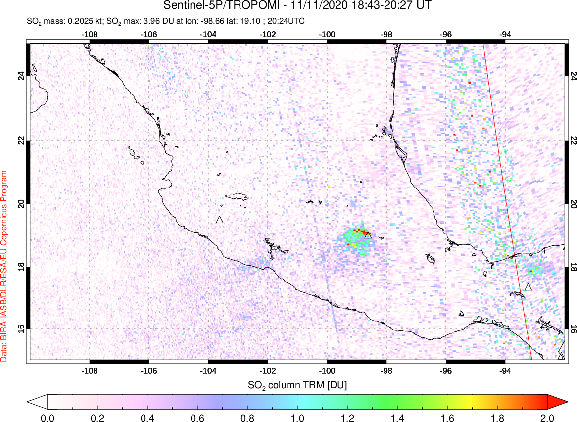 A sulfur dioxide image over Mexico on Nov 11, 2020.